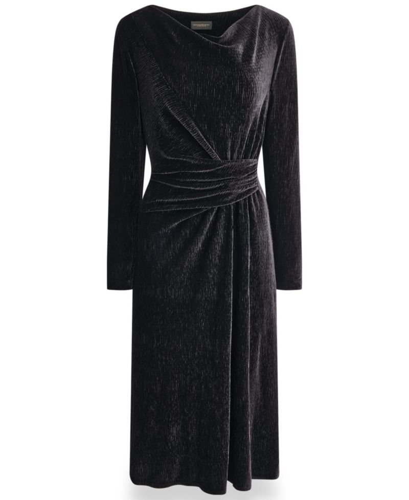 Women's Cowl-Neck Long-Sleeve Velvet A-Line Dress