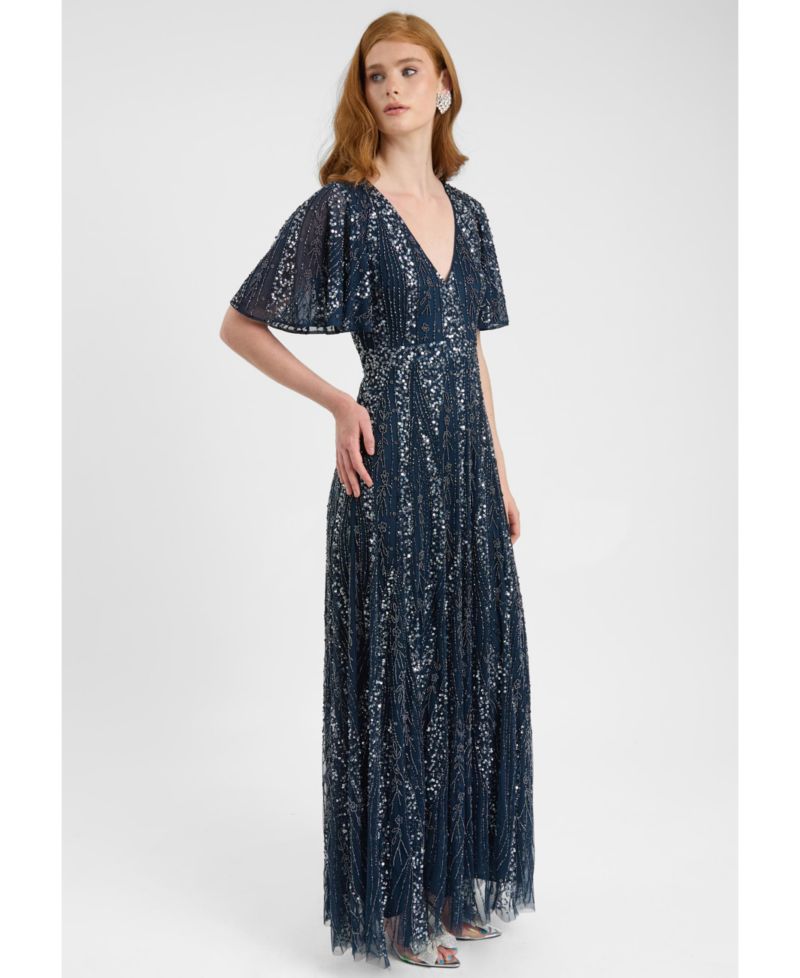 Women's Embellished Sequin Beaded Maxi Dress With Flutter Sleeve