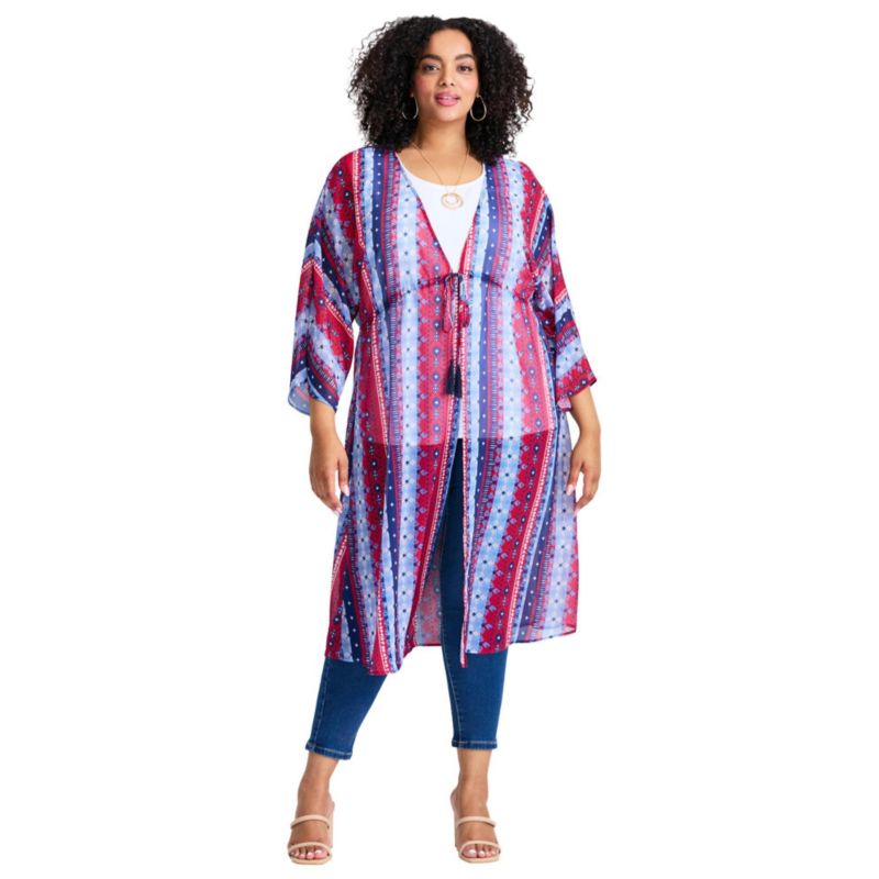 Women's Plus Size Tie-Front Duster Kimono Sweater
