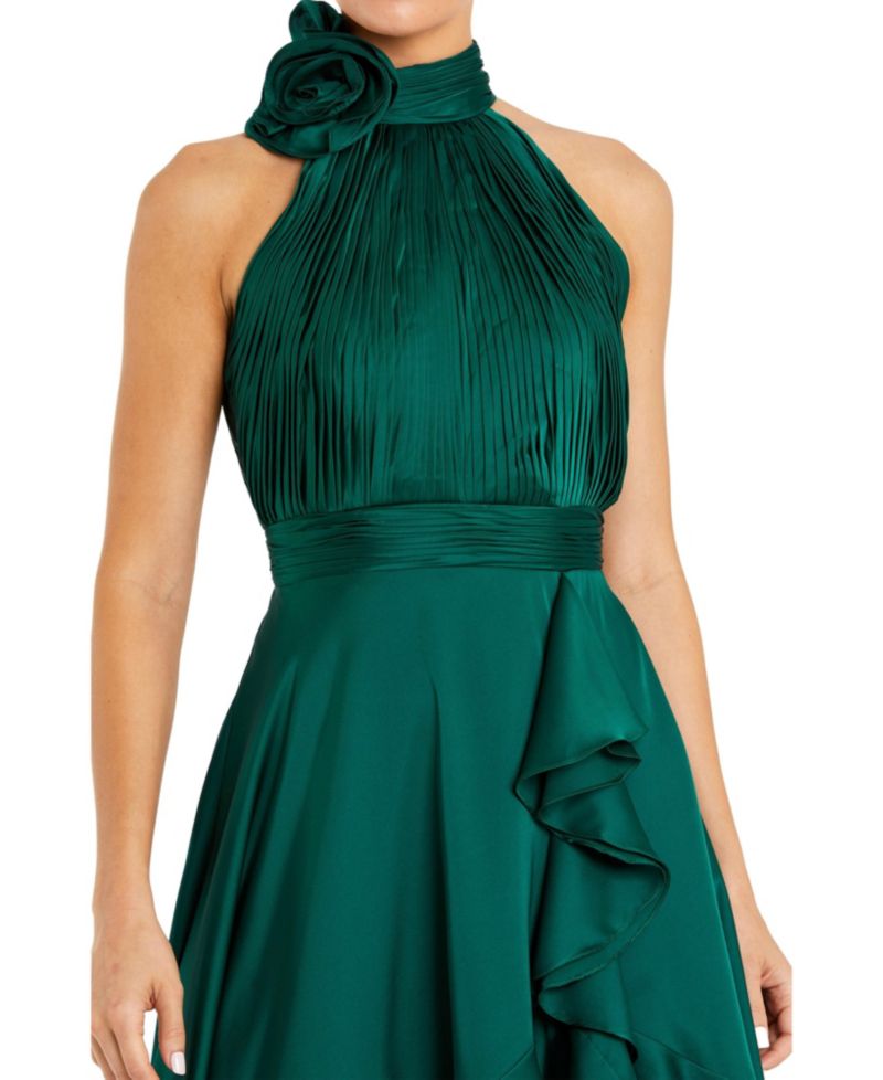 Women's Halter Neck Flower Detail Ruffled Midi Dress