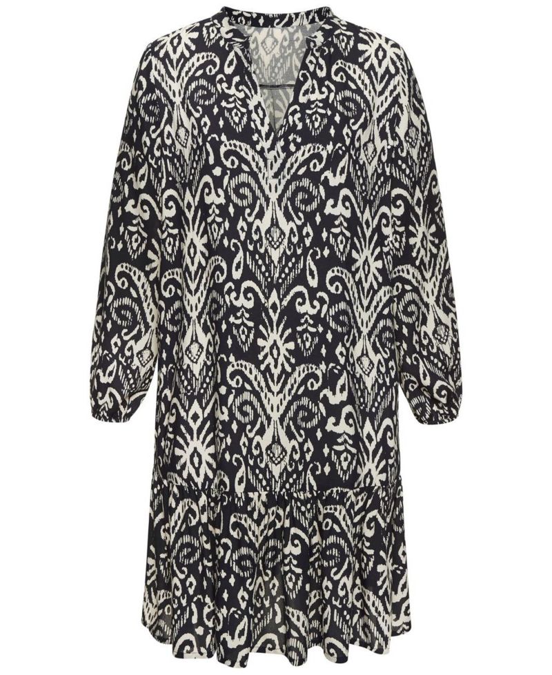 Women's Viscose Printed Tunic Ruffle-Trim Notch-Neck Short Dress