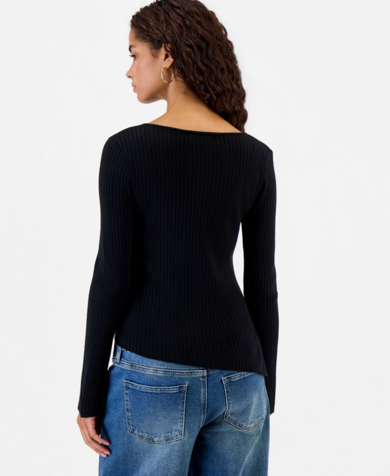 Juniors' Asymmetric-Hem Boat-Neck Sweater