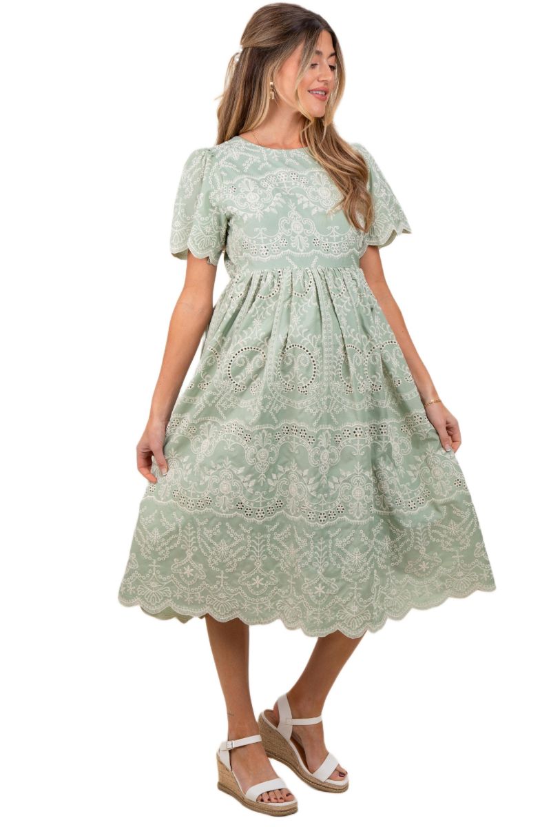 Women's Light Olive Floral Embroidered Tied Waist Midi Dress