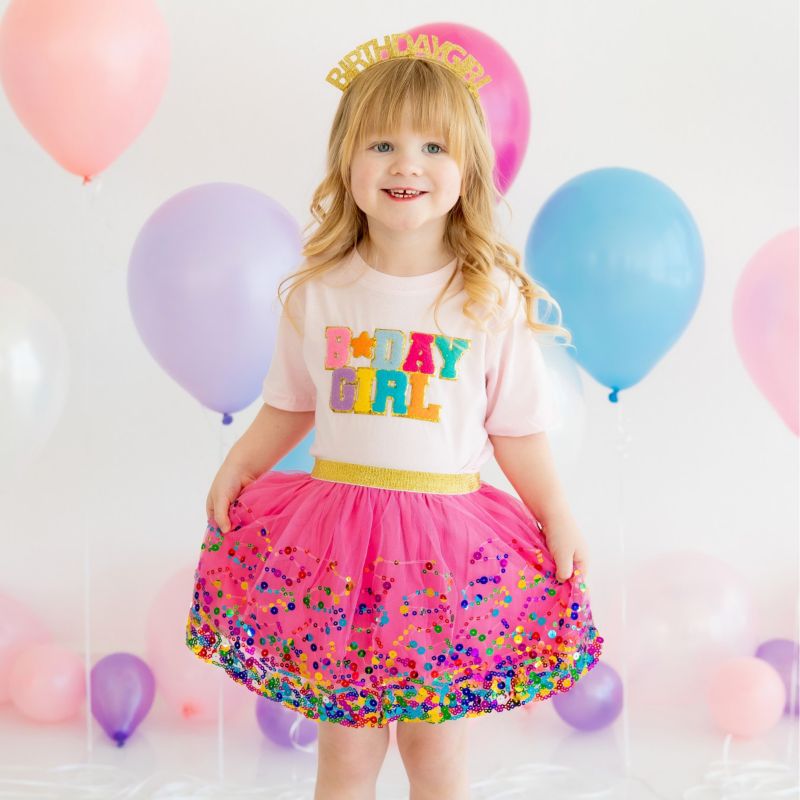 Little and Big Girls Birthday Girl Patch Short Sleeve T-Shirt