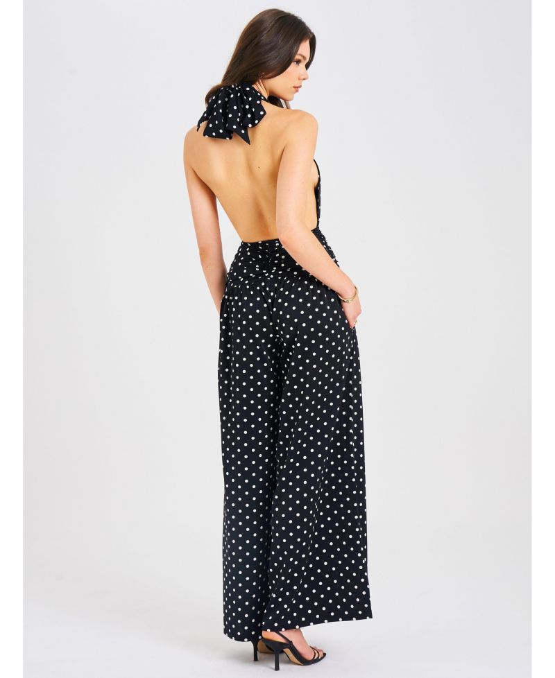 Women Oriana Black Polka Dots Halter Jumpsuit