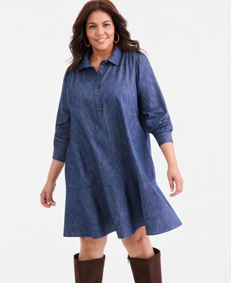 Plus Long-Sleeve Peplum Cotton Shirt Dress