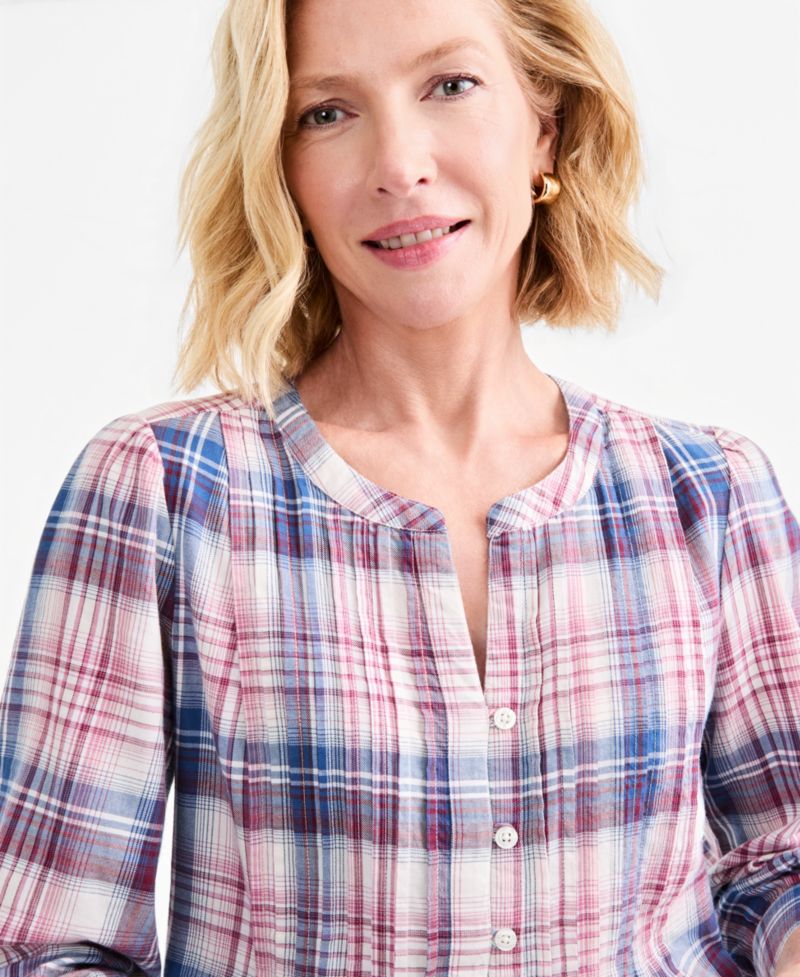 Petite Claire Plaid V-Neck Long-Sleeve Blouse