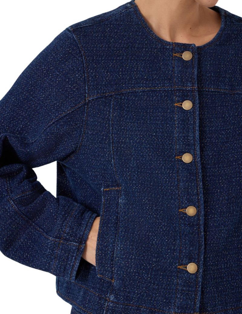 Women's Collarless Lurex Denim Jacket