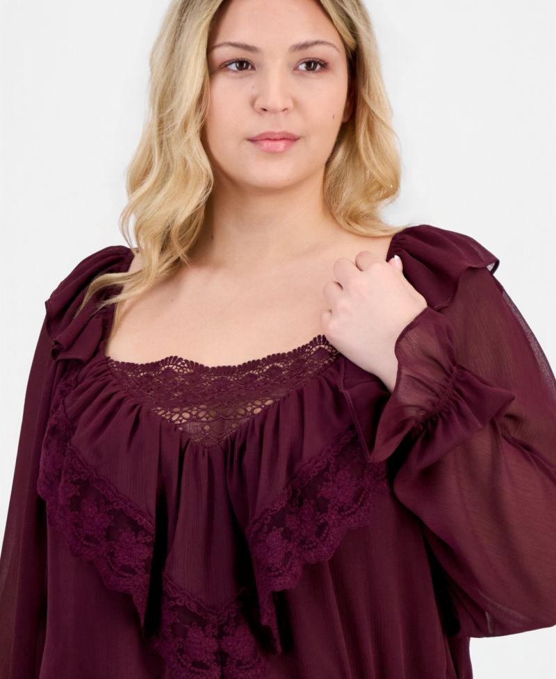 Plus Size Ruffle Long-Sleeve Lace-Trim Top