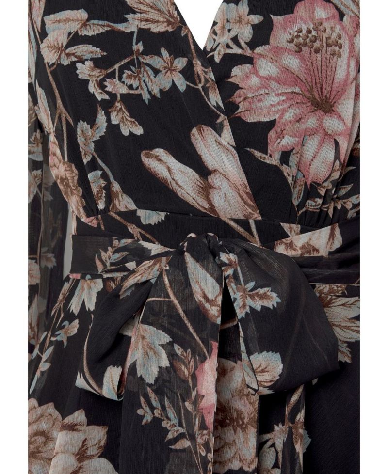 Women's Floral Print Long Sleeve Wrap Surplice-Neck Short Dress