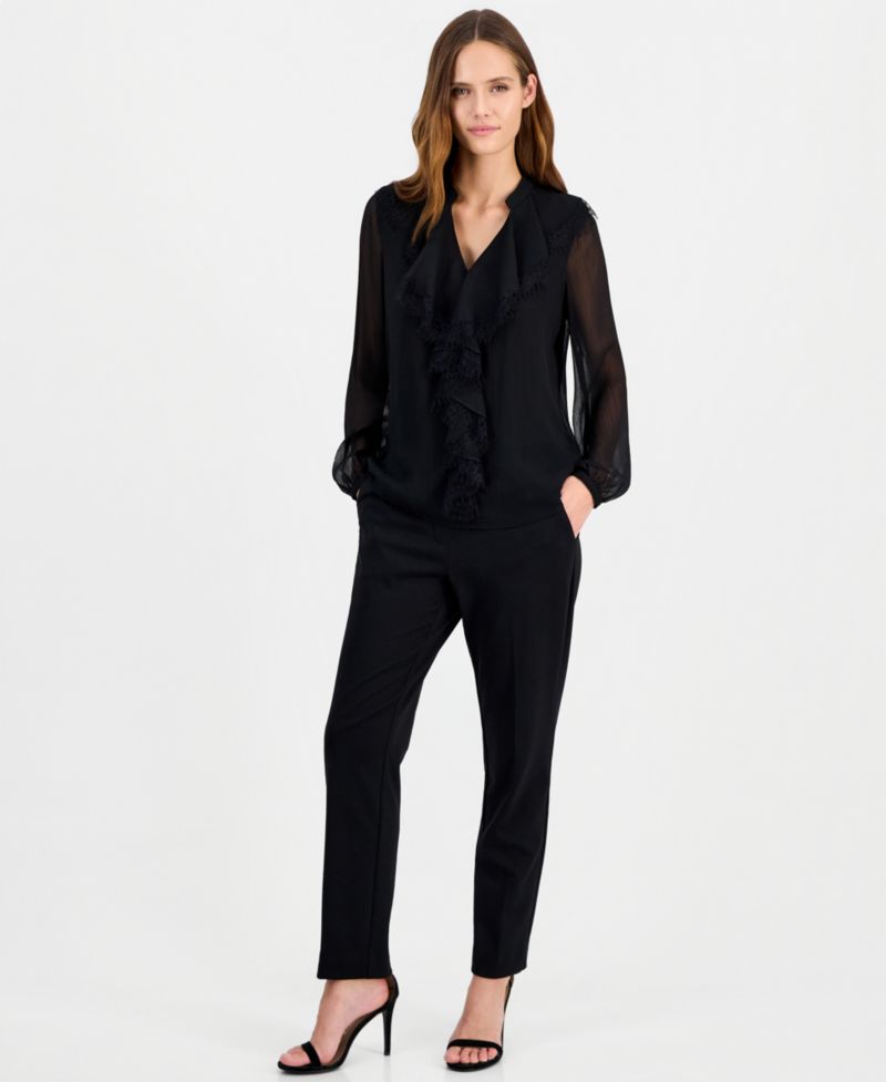 Women's Long-Sleeve Chiffon Ruffle Neck Blouse