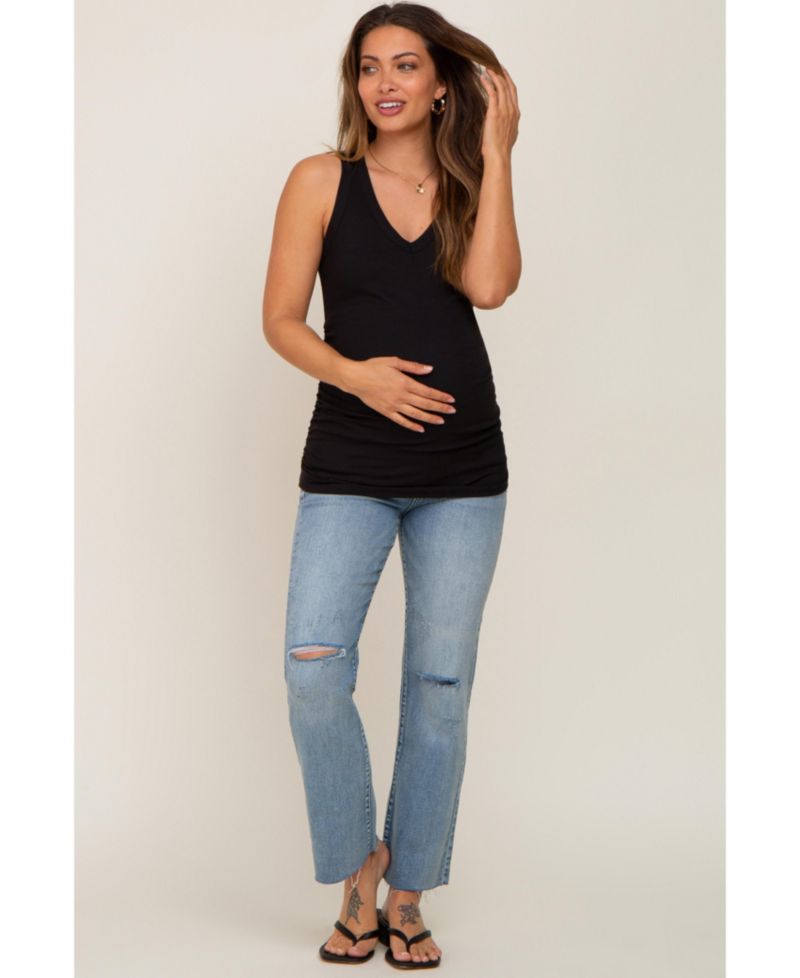 Women's Charcoal Ribbed Sleeveless Ruched Tank Top