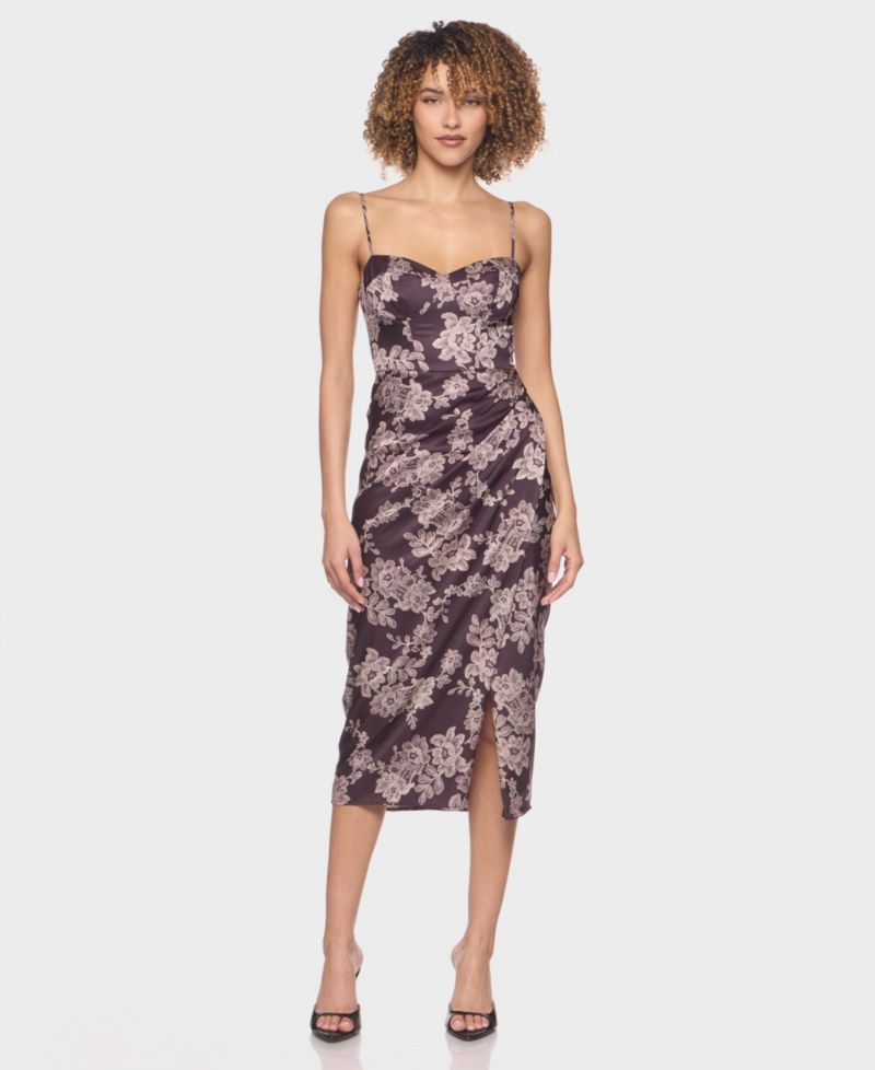 Juniors' Sweetheart Neck Printed Satin Midi Dress with Spaghetti Straps Skirt Slit