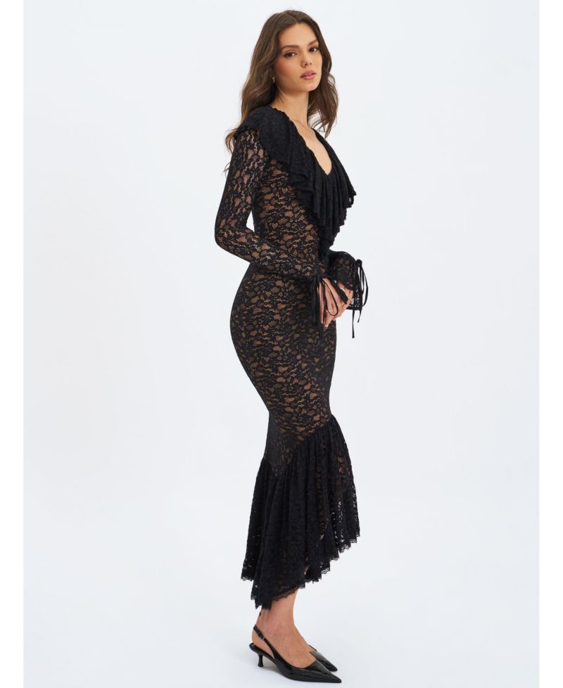 Women's Parisa Black Lace Ruffled Mermaid Maxi Dress