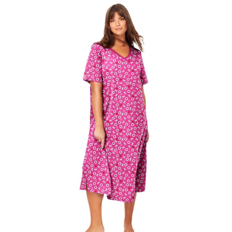 Women's Dreams and Co. V-Neck Short Sleeve Midi Cotton Sleep Shirt