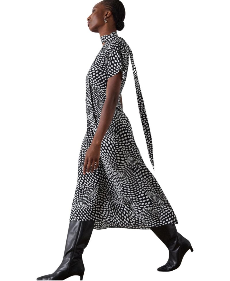 Women's Mixed Dot Scarf Polka-Dot Tie-Neck Short-Sleeve Midi Dress