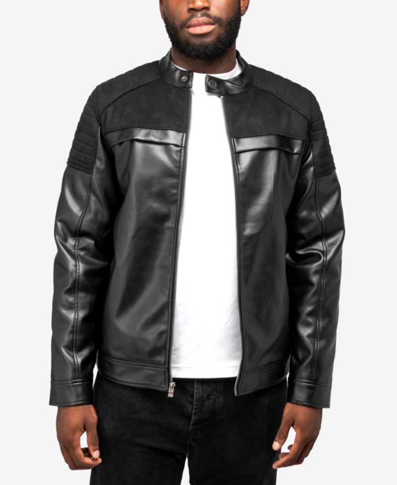 XRAY Men's Shiny PU Jacket With Faux Suede Detailing And Faux Shearling Lining