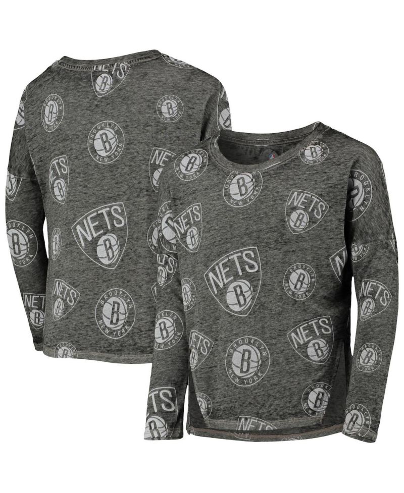 Big Girls Heathered Black Brooklyn Nets Back in Action Long Sleeve T-shirt