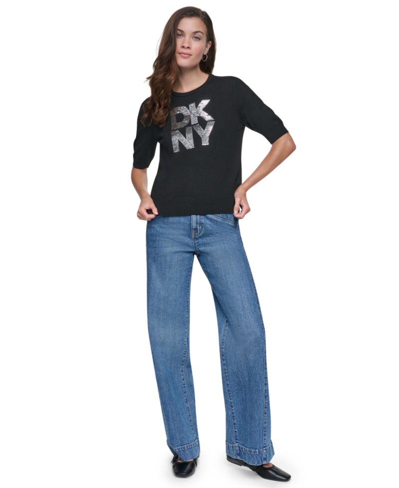 Women's Sequin Logo Elbow-Sleeve Sweater