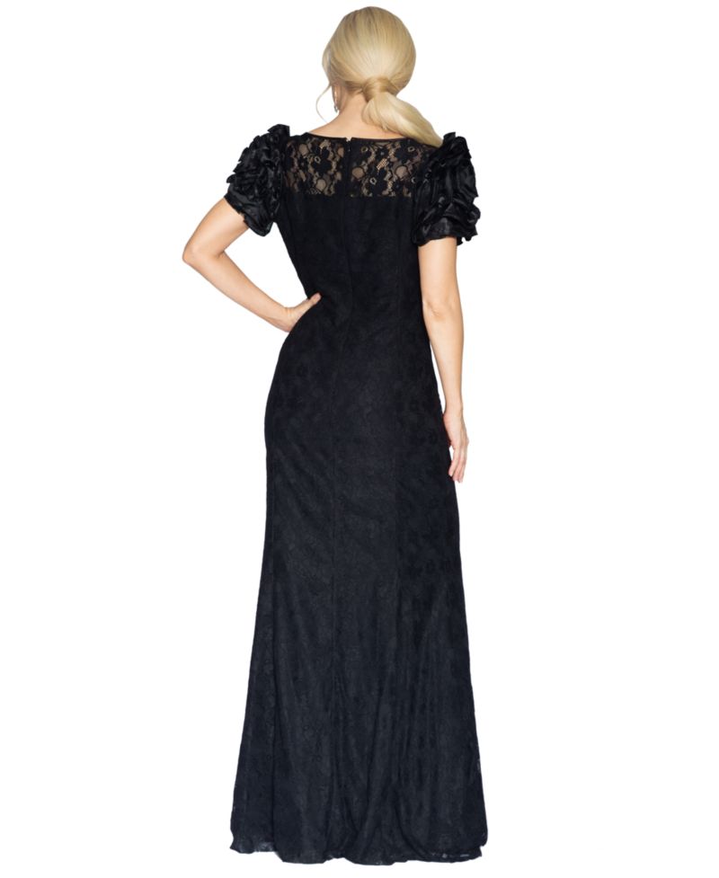 Women's Satin Floral-Sleeve Keyhole Lace Gown
