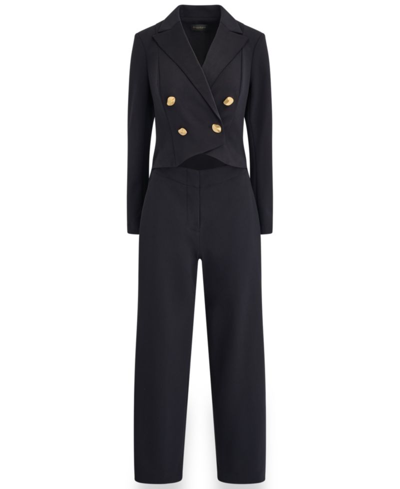 Women's Satin Lapel Long-Sleeve Double-Breasted Wide-Leg Jumpsuit