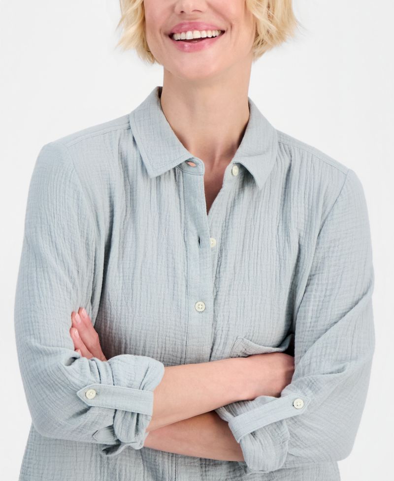 Petite Perfect Button-Front Roll-Tab Cotton Shirt