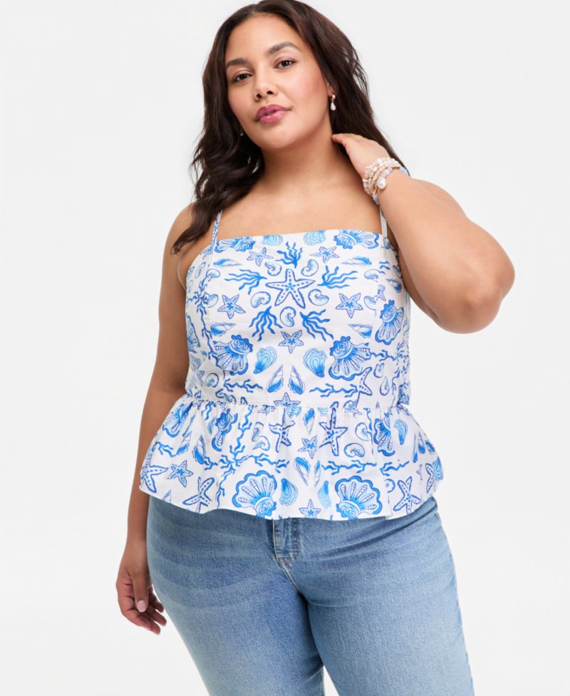 Plus Cotton Peplum Tie-Back Tank Top