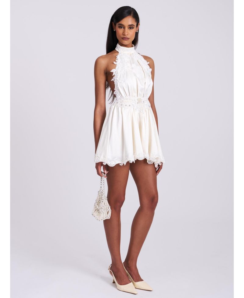 Women's Idalia Beaded Lace Trim Backless Halter Mini Dress
