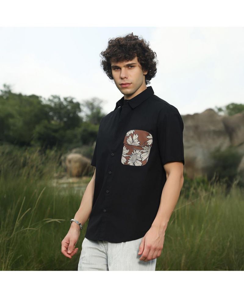 Men's Chocolate Brown & Obsidian Black Flora-Block Shirt