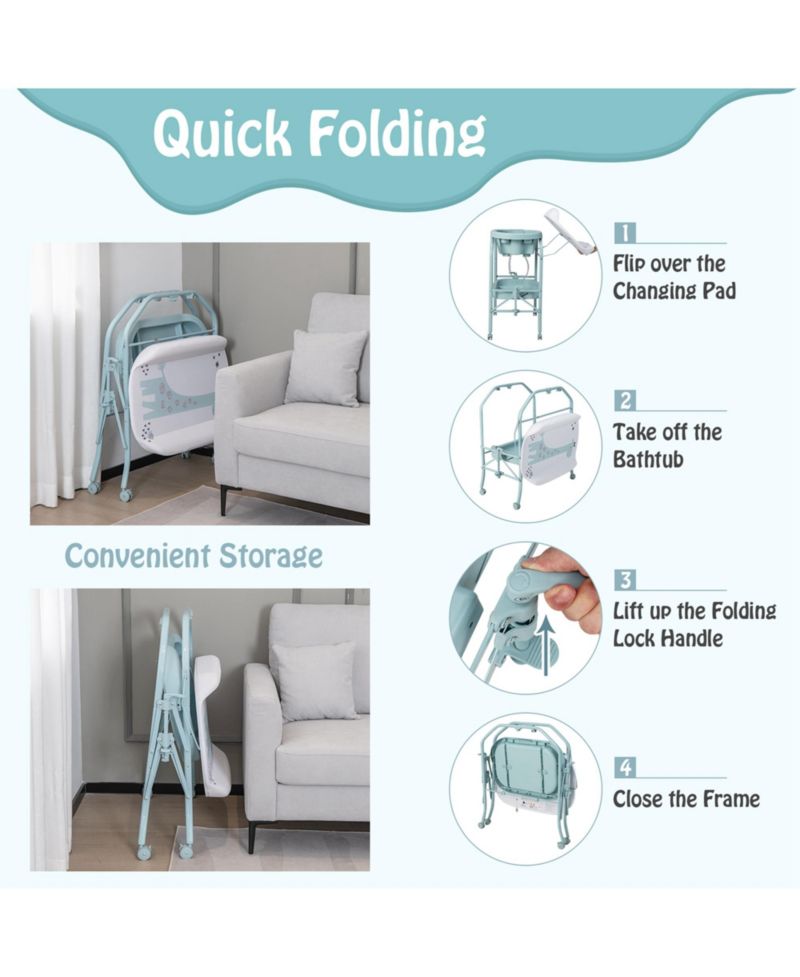 Baby Changing Table with Bathtub, Folding Diaper Station with Wheels
