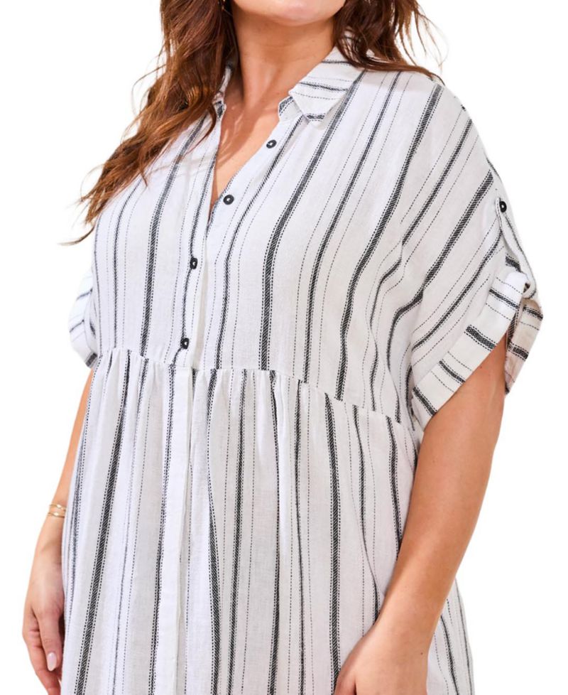 Plus Size Yarn Dye Stripe Flowy Shirt-Dress