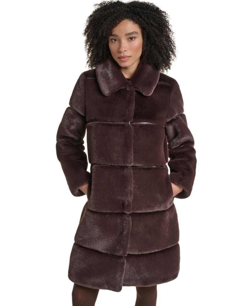Women's Faux-Leather Trim Faux-Fur Coat