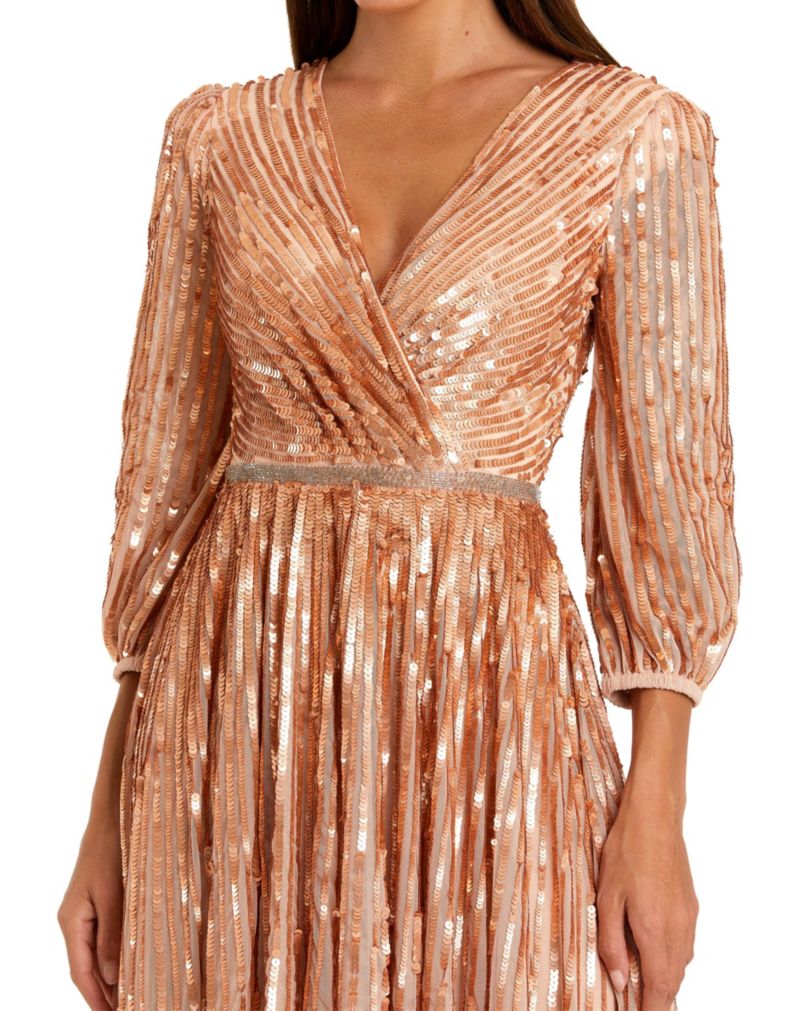 Women's Sequined Wrap Over 3/4 Sleeve Gown