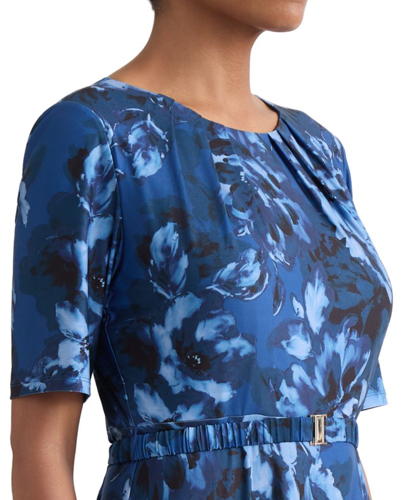 Women's Pleat-Neck Belted Short-Sleeve Dress