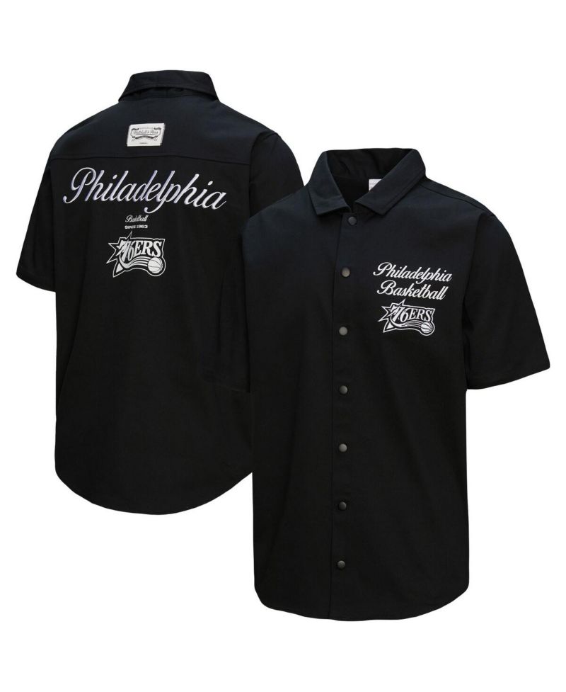 Men's Black Philadelphia 76ers Hardwood Classics Camp Shirt
