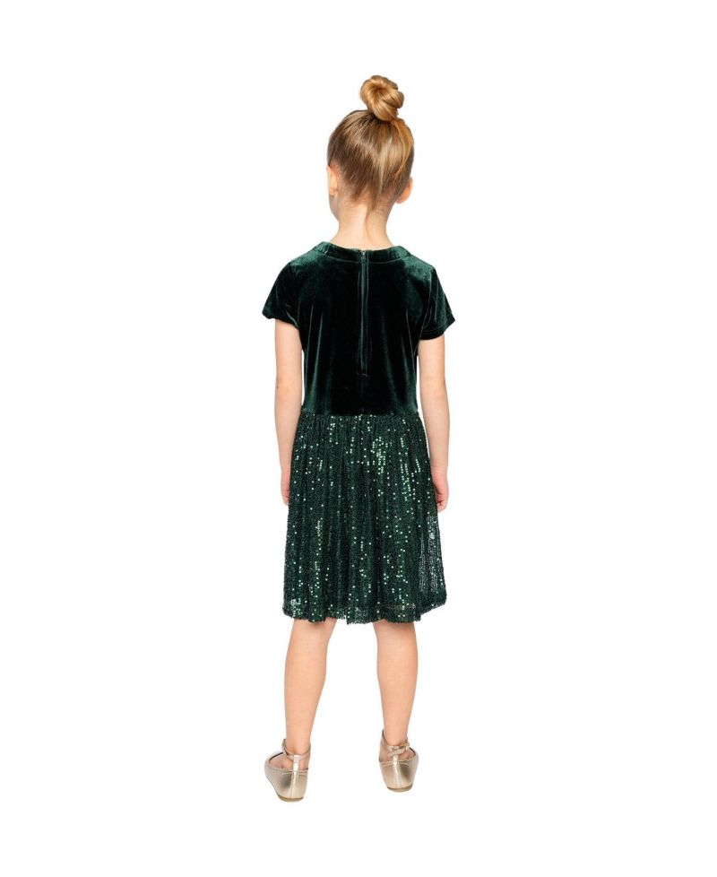 Girls (6-14) Bi-Material Short Sleeve Dress with Glittering Skirt
