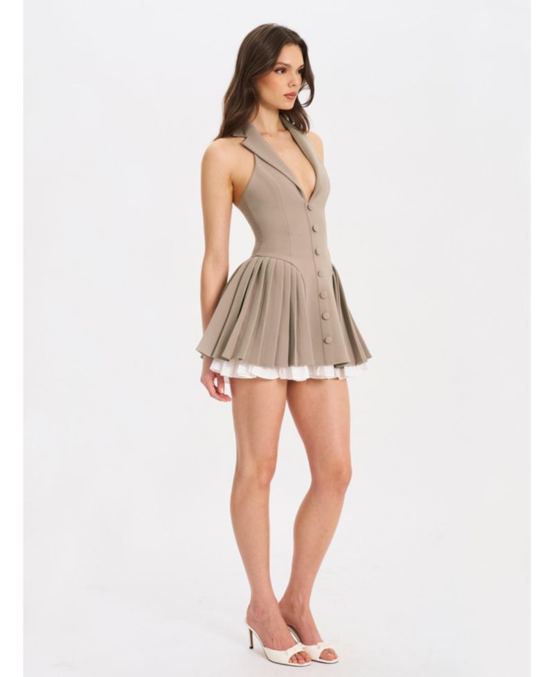 Women's Hazel Brown Preppy Halter Neck Pleated Mini Dress