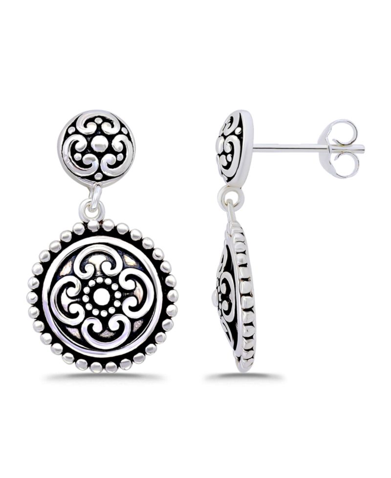 Oxidized Round Celtic Style Post Drop Earrings