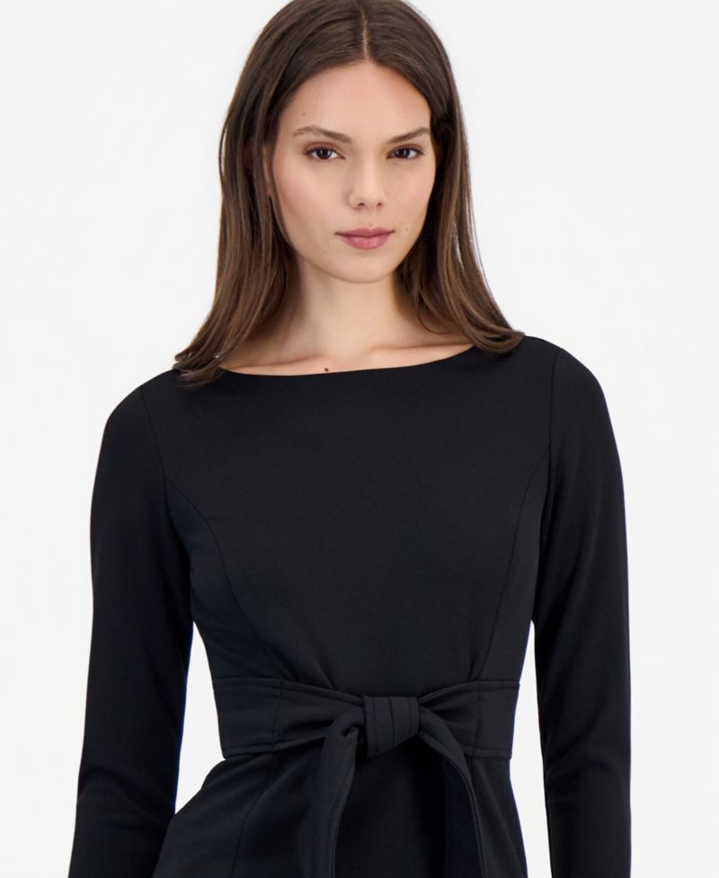 Women's Tie Waist Scuba Crepe Crewneck Sheath Dress