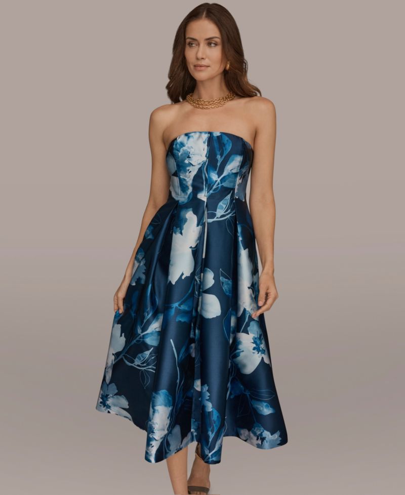 Women's Strapless Floral A-Line Midi Dress