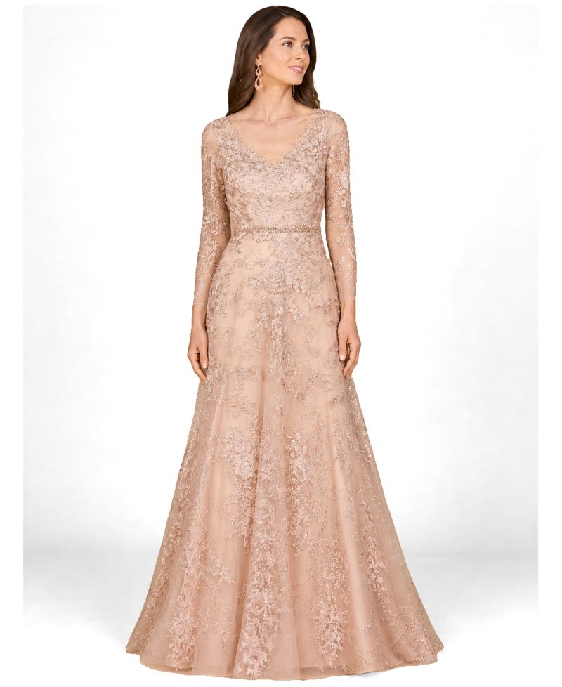 Women's Long Sleeve V-Neck Lace Gown with Beaded Belt