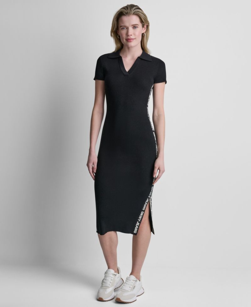 Women's Side Logo Short-Sleeve Rib Midi Dress