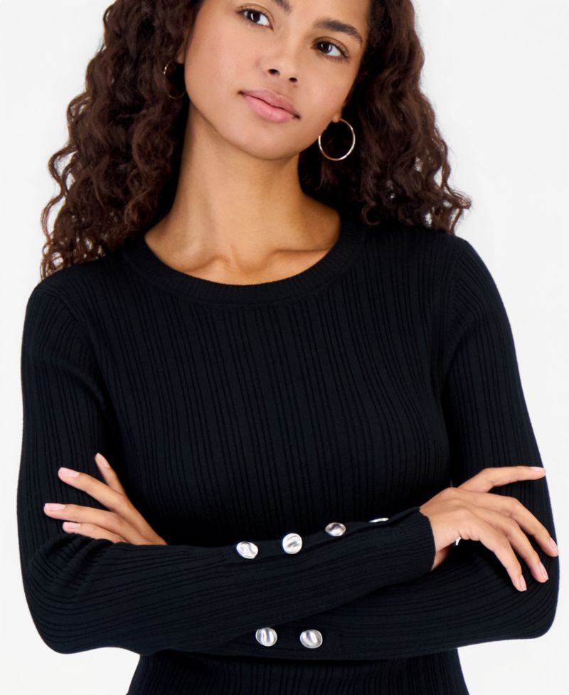 Juniors' Button Fine Gauge Crewneck Ribbed Cardigan