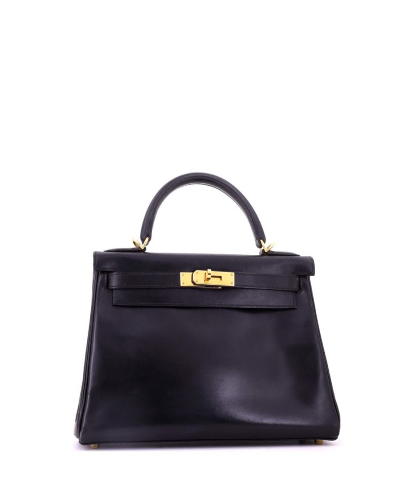 Kelly 28 Handbag Black Box Calf with Gold Hardware