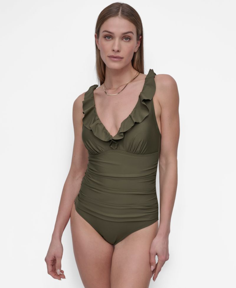 Women's Ruffle Plunge Underwire Tummy Control One-Piece Swimsuit