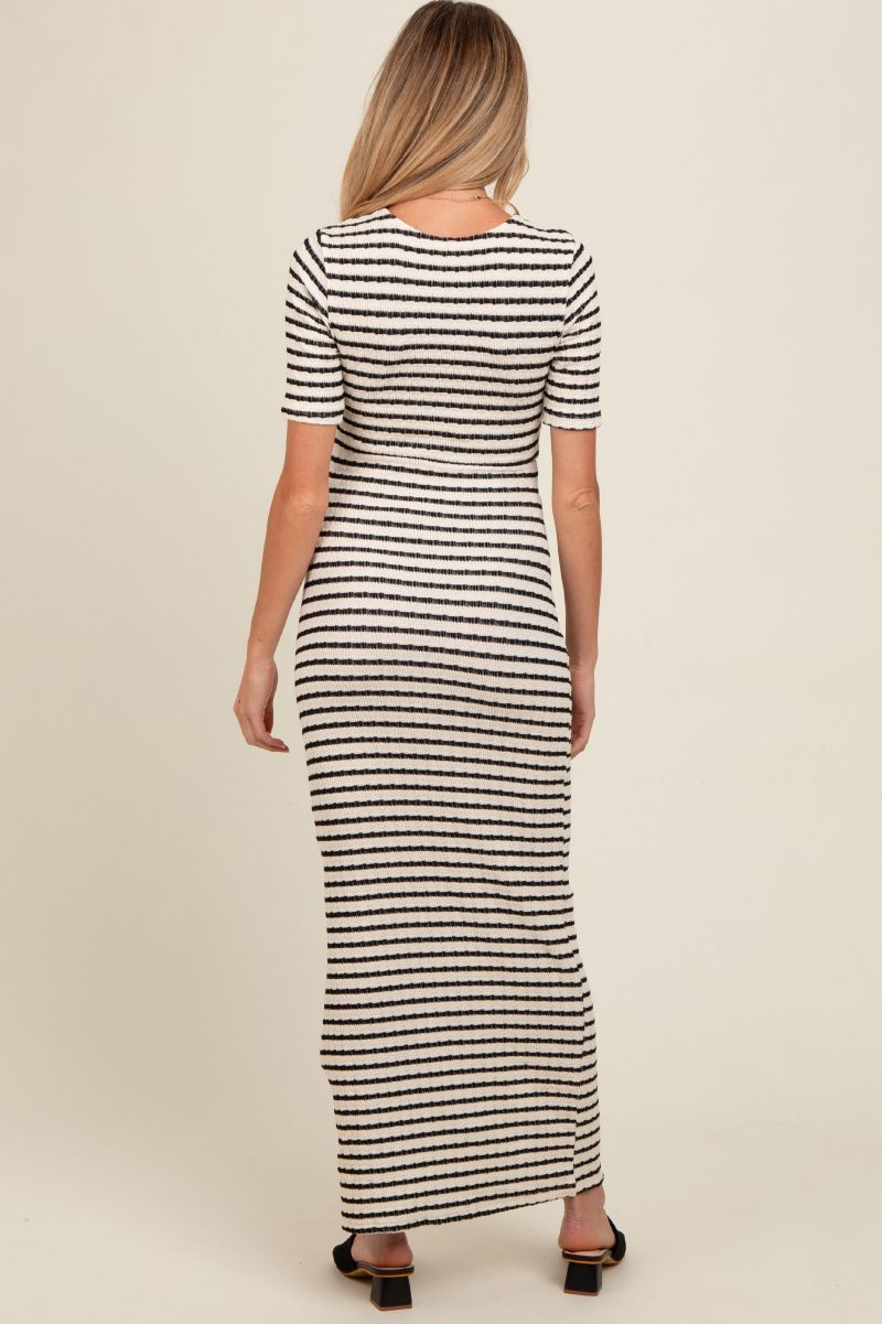 Women's Ivory Black Striped Knit Short Sleeve Maxi Dress