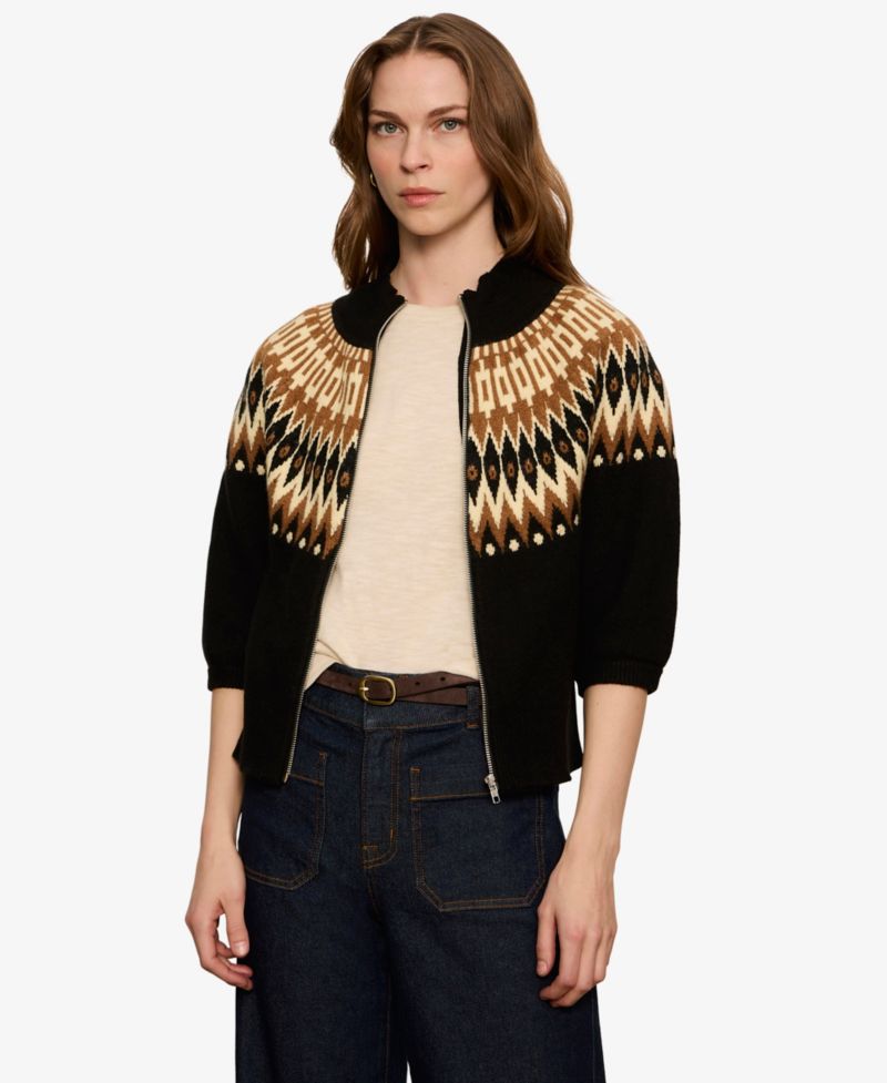 Petite Fair Isle Mock Neck Short-Sleeve Zip-Up Cardigan