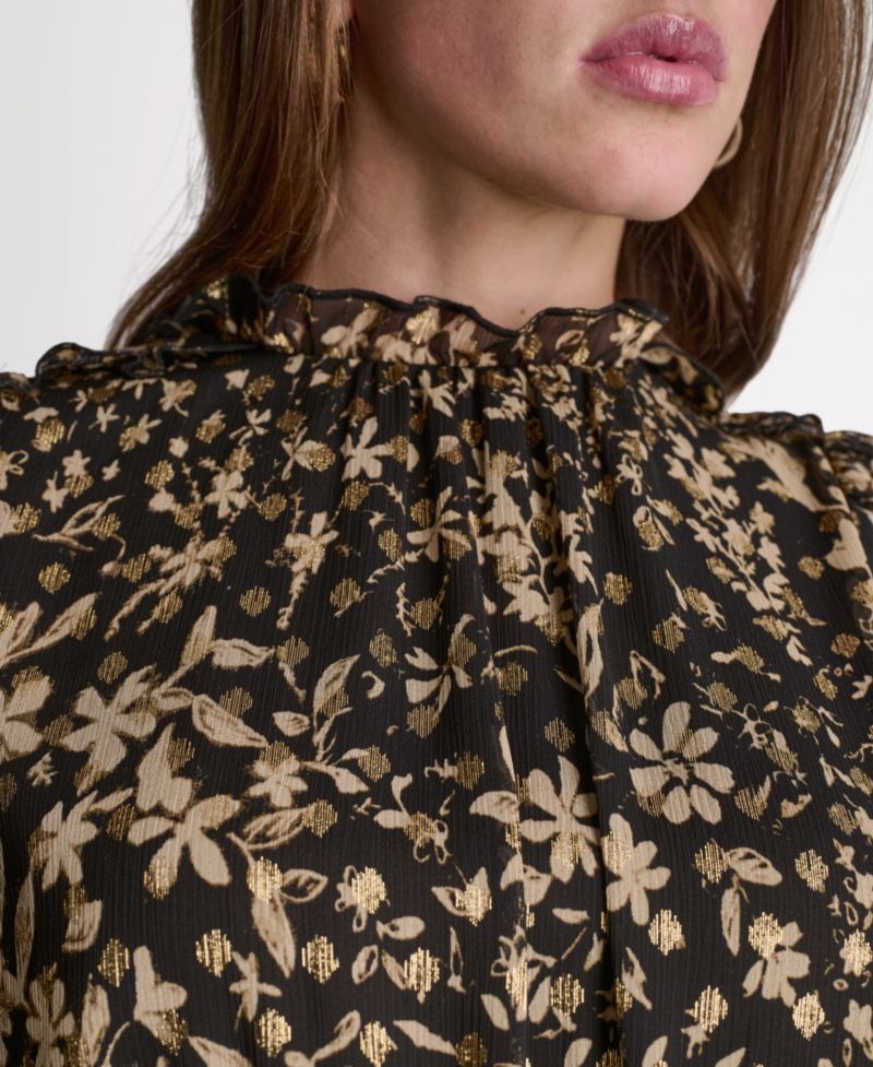 Women's Printed Puff Short-Sleeve Mock-Neck Dress