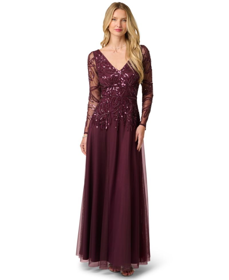 Petite Long-Sleeve Sequined V-Neck Gown