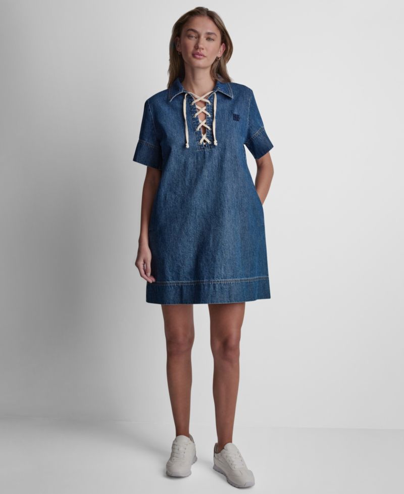 Women's Short-Sleeve Lace Up Shift Dress